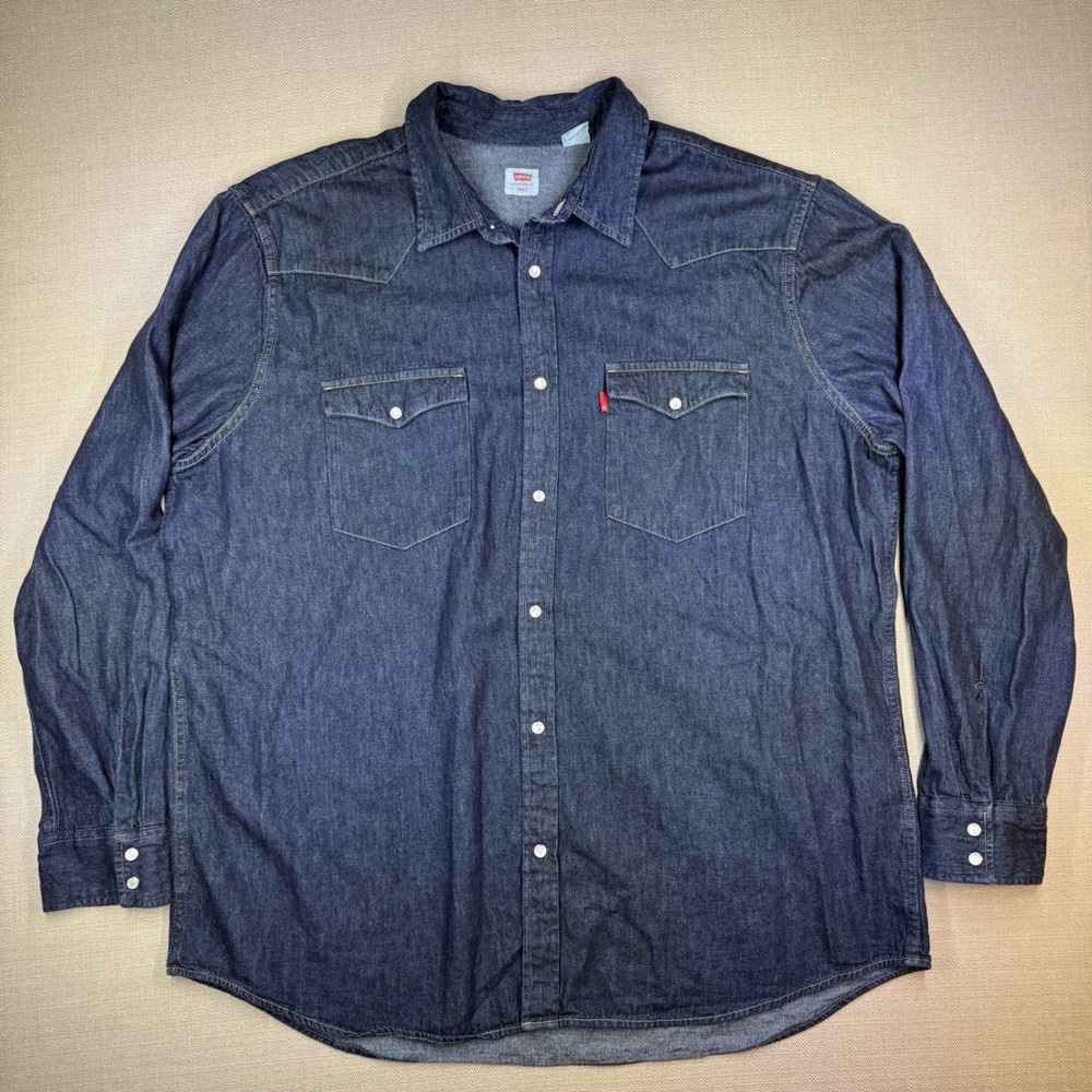 Levis Mens 2XLT Western Denim Shirt Dark Wash Pearl Snap Long Sleeve Blue